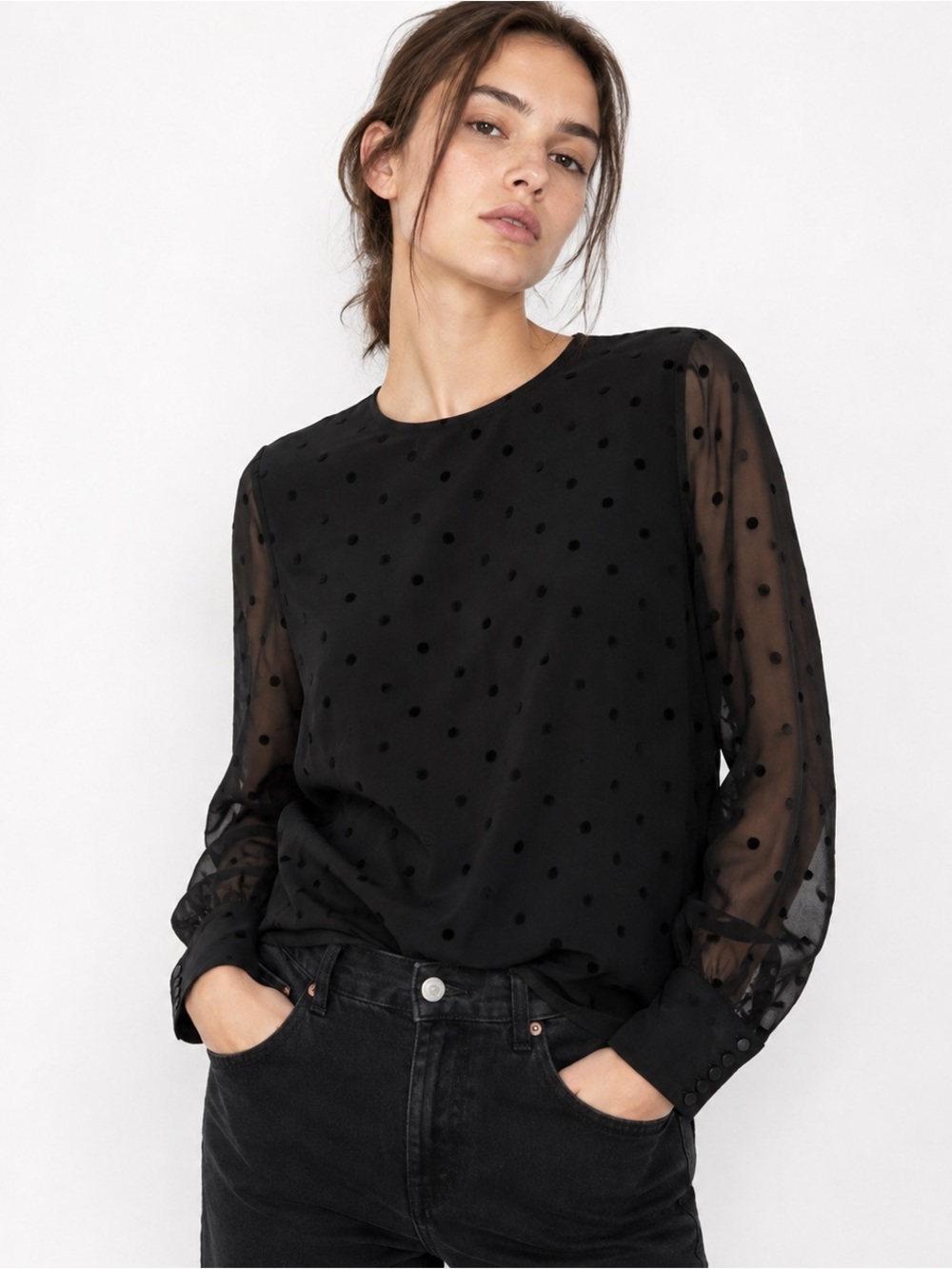 J.Crew Black Swiss Dot Sheer Blouse Velvet Polka Dot Keyhole Back Button Top M